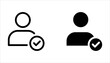 Profile with checkmark icon set, line outline art user account accepted symbol with tick, approved or applied person sign on white background