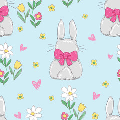 Fototapete - Hand Drawn Cute Rabbits and Flower background vector seamless, Little Bunny pattern Kids print.