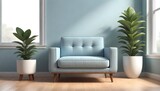 Fototapeta  - A light blue mid-century modern style armchair with a single beige cushion, next to a white vase and a potted green plant, in a cozy room with wooden flooring and large windows