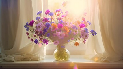 Wall Mural - wild flowers in vase on white windowsill with curtains and sunlight shining trough window. Spring in cozy home 4k video colorful