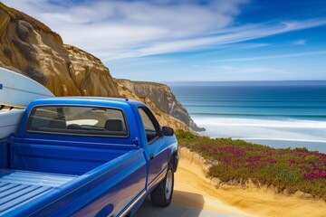  blue pickup truck with surfboards, parked by seaside cliff, sunny day