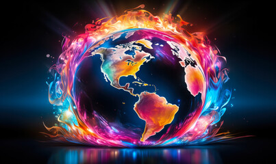 Poster - vibrant and colorful illustration of the earth with a glowing, neon-like effect, symbolizing global 