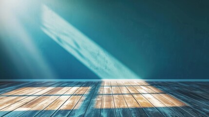 Poster - empty blue wall and a wooden floor with captivating light glare create an intriguing interior background for presentations 