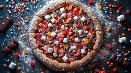 Dessert pizza with assorted candy, gummy worms and chocolate.
