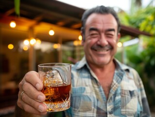 Photograph of a Colombian offering a glass of whiskey