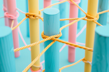 Poster - A wooden peg connected with string. Communication, technology, network concept