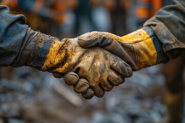 Wall Mural - Close up of construction worker's hands in gloves greeting each other with handshake