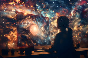 Poster - A young girl sits in front of a computer screen with a background of a galaxy.