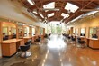 panoramic view of large, deserted salon space with wood accents