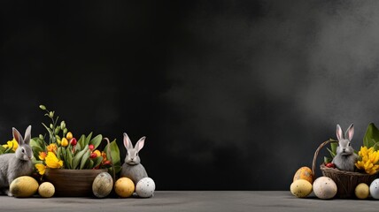 frohe ostern hintergrund panorama banner gruÃŸkarte - osterei mit hasenohren / osterhase mit mundschutzmaske und lettering text isoliert auf schwarzer tafel kreidetafel beton textur with generative ai