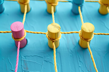 Poster - A wooden peg connected with string. Communication, technology, network concept