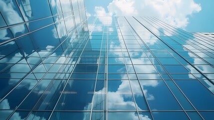 Wall Mural - Reflective skyscrapers, business office buildings. Low angle photography of glass curtain wall details of high-rise buildings.The window glass reflects the blue sky and white clouds