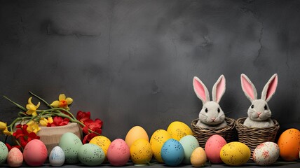 frohe ostern hintergrund panorama banner gruÃŸkarte - osterei mit hasenohren / osterhase mit mundschutzmaske und lettering text isoliert auf schwarzer tafel kreidetafel beton textur with generative ai