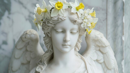 Wall Mural - A radiant angel adorned with a crown of daffodils symbolizing the renewal and rebirth of springtime.