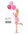 Birthday greeting card. Beautiful blond hair girl holding balloons. Woman in pink dress. Stylish woman. Fashion illustration