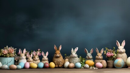 frohe ostern hintergrund panorama banner gruÃŸkarte - osterei mit hasenohren / osterhase mit mundschutzmaske und lettering text isoliert auf schwarzer tafel kreidetafel beton textur with generative ai