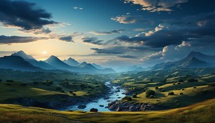 Wall Mural - Majestic mountain peak reflects tranquil sunset on grassy meadow generated by AI