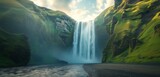 Fototapeta Natura - The majestic Skogafoss waterfall in Iceland cascades down from rugged cliffs, its pristine waters enveloped in a fine mist under the glow of the Northern Lights dancing overhead.