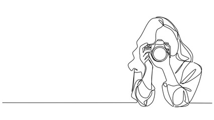 Wall Mural - animated continuous single line drawing of woman with DSLR camera taking pictures, line art animation