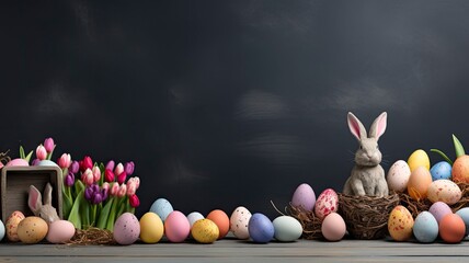 frohe ostern hintergrund panorama banner gruÃŸkarte - osterei mit hasenohren / osterhase mit mundschutzmaske und lettering text isoliert auf schwarzer tafel kreidetafel beton textur with generative ai