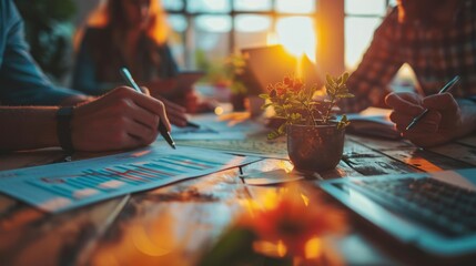 Poster - business professionals in office for a strategic financial meeting, analyzing graphs and charts documented in a comprehensive report to refine marketing and financial strategies