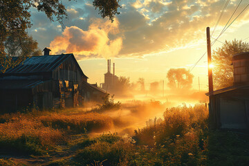 Wall Mural - Nature's Serene Embrace: A Captivating Sunrise Landscape in a Summer Morning's Green Fog