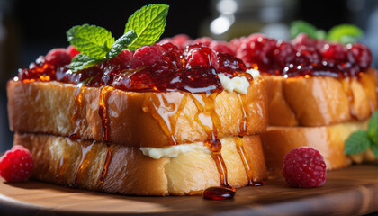 Wall Mural - Fresh raspberry dessert on wooden plate with chocolate and mint generated by AI