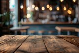 Fototapeta Mapy - Empty wooden table with restaurant blur background. Generative AI