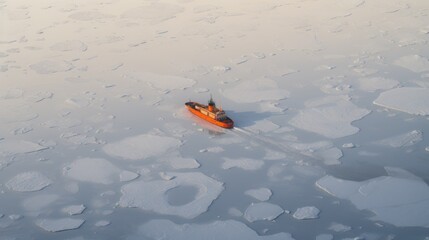 Aufkleber - Aerial view of an orange icebreaker in sea ice.