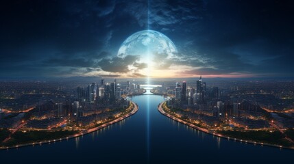 Sticker - Beautiful night landscape with big moon, river and city lights.