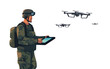 © M-KOS - Soldier operating of flying drone quadrocopter isolated. Modern technology army military man with tablet controls. Vector illustration