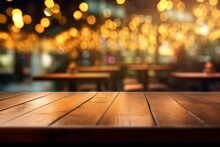 Picture of wooden table against abstract blurred lights in a restaurant. Generative AI