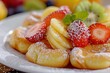 Delicious and homemade mini pancakes as a sweet perfect snack Poffertjes with fruits as sweet breakfast