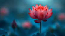 Bright Red Lotus Flower In Full Bloom, Elevated Above Rich Blue Foliage With A Soft Focus On The Surrounding Buds And Leaves