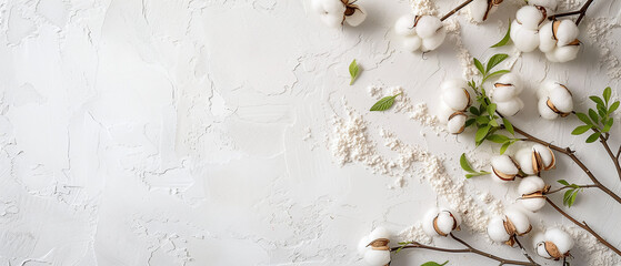 White table with cotton flowers, copy space