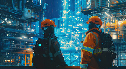 Wall Mural - two engineers or workers stand against the background of a factory or production illustration