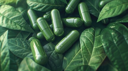 Wall Mural - Green leave in capsule. Natural vitamin pills. Alternative medicine.