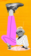 Stylish extraordinary senior woman in glasses, stretching leg on vivid yellow background. Modern vibe. Contemporary art collage. Concept of aging, fashion, surrealism, freedom. Colorful poster