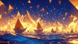abstract illustration of A fleet of paper boats sailing across a sea of dreams under a starry night