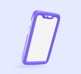 Poster - 3d smartphone icon with empty white screen render. Cartoon mock up of purple mobile phone with blank touchscreen isolated on blue background angle view, template for game ui design. 3D illustration