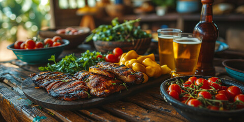 Canvas Print - bbq Food, vegetables, and beer