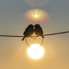 Two birds are sitting side by side on the wire at sunset', in the style of love and romance.