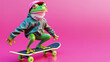 Modern funny frog in a baseball cap rolls on a skateboard in a dynamic pose. Symbol of the day in a leap year, celebrating the event of the frog jump on February 29