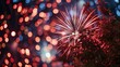 Vivid red, ivory, and cobalt explosions illuminate the darkened atmosphere in a nationalistic revelry for either New Year's or the Fourth of July, with a limited focal range.
