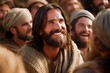 A smiling Jesus Christ among his followers of the apostles
