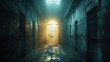 A dimly lit hallway with a barred door leading to a jail cell