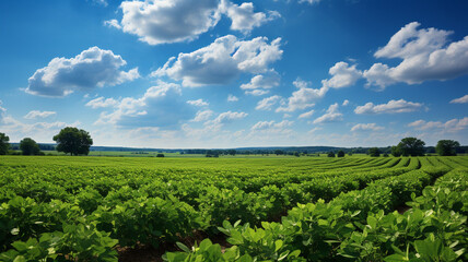 an expansive view of a soybean farm's agricultural field against a picturesque sky.