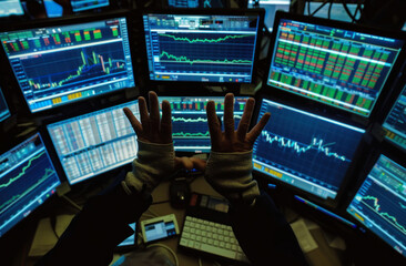 Poster - Close-up of a trader's hands with multiple screens showing live trading data