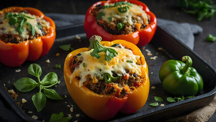 Wall Mural - Grilled vegetable and quinoa-stuffed bell peppers topped with melted cheese.