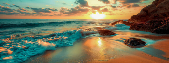 Wall Mural - Sunset casting golden light over ocean waves and rocky shore.
